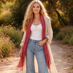 Shawlsmith LONDON Silk Cotton Lace Trim Scarf Wrap Shawl Red‎